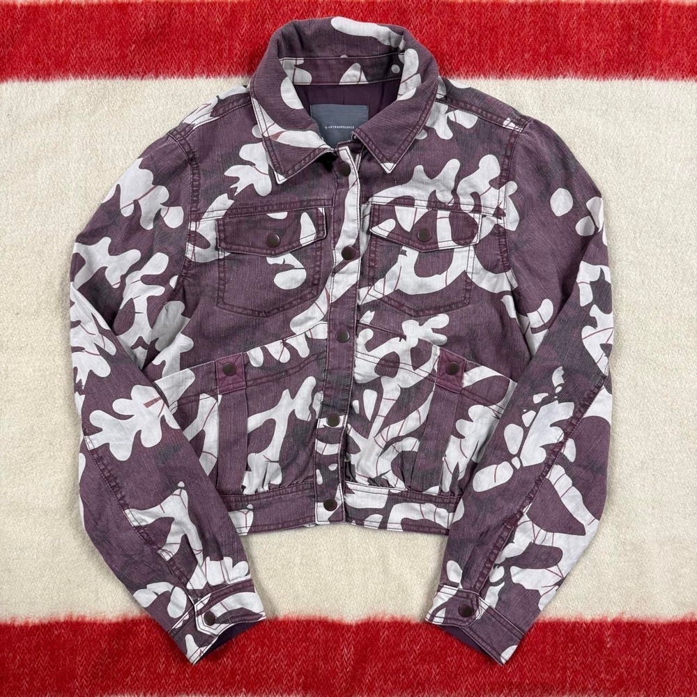 Anthropologie Mags Utility Trucker Jacket Purple Linen Blend Floral Print Small